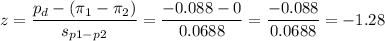 z=\dfrac{p_d-(\pi_1-\pi_2)}{s_{p1-p2}}=\dfrac{-0.088-0}{0.0688}=\dfrac{-0.088}{0.0688}=-1.28