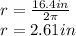 r=\frac{16.4in}{2\pi} \\r=2.61in