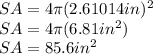 SA=4\pi(2.61014in)^2\\SA=4\pi(6.81in^2)\\SA=85.6in^2