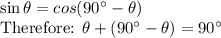 \sin \theta =cos (90^\circ-\theta)\\$Therefore:  \theta + (90^\circ-\theta)=90^\circ