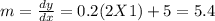 m = \frac{dy}{dx} = 0.2 (2 X 1) +5 = 5.4