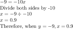 -9=-10x\\$Divide both sides by -10$\\x=-9\div -10\\x=0.9\\$Therefore, when $ y=-9, x=0.9