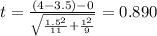 t=\frac{(4-3.5)-0}{\sqrt{\frac{1.5^2}{11}+\frac{1^2}{9}}}}=0.890