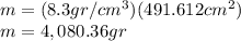 m=(8.3gr/cm^3)(491.612cm^2)\\m=4,080.36gr