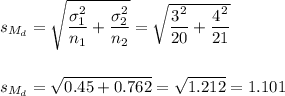 s_{M_d}=\sqrt{\dfrac{\sigma_1^2}{n_1}+\dfrac{\sigma_2^2}{n_2}}=\sqrt{\dfrac{3^2}{20}+\dfrac{4^2}{21}}\\\\\\s_{M_d}=\sqrt{0.45+0.762}=\sqrt{1.212}=1.101