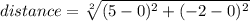 distance = \sqrt[2]{(5 - 0)^{2} + (-2 - 0)^{2}}