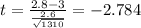 t=\frac{2.8-3}{\frac{2.6}{\sqrt{1310}}}=-2.784
