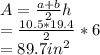 A=\frac{a+b}{2} h\\=\frac{10.5*19.4}{2}*6\\ =89.7in^2