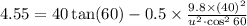 4.55=40\tan (60)-0.5\times \frac{9.8\times (40)^2}{u^2\cdot \cos ^260 }