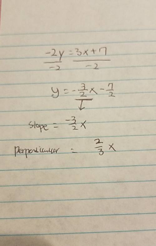 What is the slope of a line that is perpendicular to a line whose equation is −2y=3x+7 ?