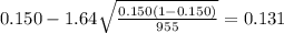 0.150 - 1.64 \sqrt{\frac{0.150(1-0.150)}{955}}=0.131