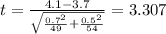 t=\frac{4.1-3.7}{\sqrt{\frac{0.7^2}{49}+\frac{0.5^2}{54}}}}=3.307