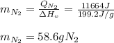 m_{N_2}=\frac{Q_{N_2}}{\Delta H_v}=\frac{11664J}{199.2J/g}\\\\m_{N_2}=58.6gN_2