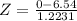 Z = \frac{0 - 6.54}{1.2231}