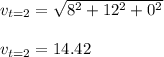 v_{t=2}= \sqrt{8^2+12^2+0^2} \\ \\  v_{t=2}= 14.42
