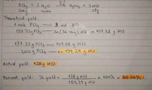 What is the perecentage yield of a reaction in which 200g PCl3 reacts with excess water to form 128g
