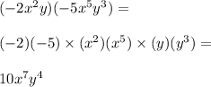 (-2x^2y)(-5x^5y^3)=\\\\(-2)(-5)\times (x^2)(x^5)\times (y)(y^3)=\\\\10x^7y^4