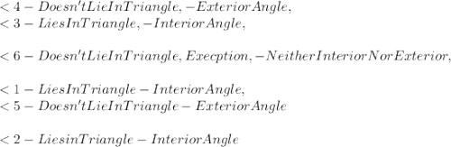 < 4 - Doesn't Lie In Triangle, - Exterior Angle,\\< 3 - Lies In Triangle, - Interior Angle,\\\\< 6 - Doesn't Lie In Triangle, Execption, - Neither Interior Nor Exterior,\\\\< 1 - Lies In Triangle - Interior Angle,\\< 5 - Doesn't Lie In Triangle - Exterior Angle\\\\< 2 - Lies in Triangle - Interior Angle