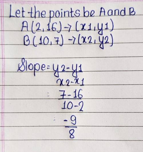 Find the slope of the line that passes through (2, 16) and (10, 7).

Simplify your answer and write