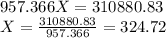 957.366X=310880.83\\X=\frac{310880.83}{957.366} =324.72