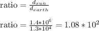 \text{ratio} = \frac{d_{sun}}{d_{earth}}\\\\\text{ratio}= \frac{1.4*10^6}{1.3*10^4} = 1.08*10^2