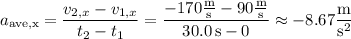 a_{\rm{ave},x}=\dfrac{v_{2,x}-v_{1,x}}{t_2-t_1}=\dfrac{-170\frac{\rm m}{\rm s}-90\frac{\rm m}{\rm s}}{30.0\,\mathrm s-0}\approx-8.67\dfrac{\rm m}{\mathrm s^2}