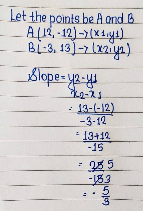 Find the slope of the line that goes through the points (12,-12) and (-3,13).

slope,m=
Enter your a