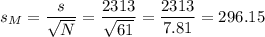 s_M=\dfrac{s}{\sqrt{N}}=\dfrac{2313}{\sqrt{61}}=\dfrac{2313}{7.81}=296.15