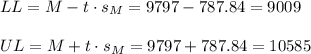 LL=M-t \cdot s_M = 9797-787.84=9009\\\\UL=M+t \cdot s_M = 9797+787.84=10585