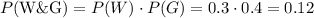 P(\text{W\&G})=P(W)\cdot P(G)=0.3\cdot 0.4=0.12