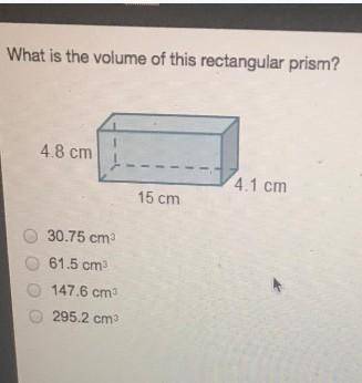 What is the volume of this rectangular prism? 30.75 cm^3

61.5 cm^3
147.6 cm^3
295.2 cm^3