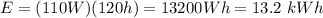 E=(110W)(120h)=13200Wh=13.2\ kWh
