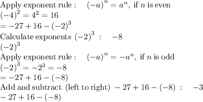 \mathrm{Apply\:exponent\:rule}:\quad \left(-a\right)^n=a^n,\:\mathrm{if\:}n\mathrm{\:is\:even}\\\left(-4\right)^2=4^2=16\\=-27+16-\left(-2\right)^3\\\mathrm{Calculate\:exponents}\:\left(-2\right)^3\::\quad -8\\\left(-2\right)^3\\\mathrm{Apply\:exponent\:rule}:\quad \left(-a\right)^n=-a^n,\:\mathrm{if\:}n\mathrm{\:is\:odd}\\\left(-2\right)^3=-2^3=-8\\=-27+16-\left(-8\right)\\\mathrm{Add\:and\:subtract\:\left(left\:to\:right\right)}\:-27+16-\left(-8\right)\::\quad -3\\-27+16-\left(-8\right)