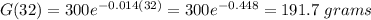 G(32)= 300e^{-0.014(32)}=300e^{-0.448}=191.7\,\,grams