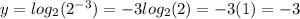 y = log_{2} (2^{-3}  ) = -3 log_{2} (2) = -3 (1) = -3