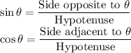 \sin \theta =\dfrac{\text{Side opposite to }\theta}{\text{Hypotenuse}}\\\cos \theta =\dfrac{\text{Side adjacent to }\theta}{\text{Hypotenuse}}