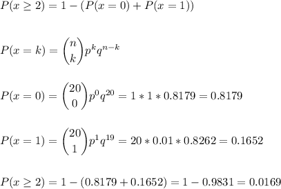 P(x\geq2)=1-(P(x=0)+P(x=1))\\\\\\P(x=k) = \dbinom{n}{k} p^{k}q^{n-k}\\\\\\P(x=0) = \dbinom{20}{0} p^{0}q^{20}=1*1*0.8179=0.8179\\\\\\P(x=1) = \dbinom{20}{1} p^{1}q^{19}=20*0.01*0.8262=0.1652\\\\\\P(x\geq2)=1-(0.8179+0.1652)=1-0.9831=0.0169