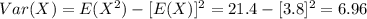 Var(X) =E(X^2) -[E(X)]^2 = 21.4 -[3.8]^2 = 6.96