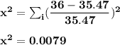 \mathbf{x^2 = \sum_i ( \dfrac{36-35.47}{35.47})^2} \\ \\  \mathbf{x^2 =0.0079}