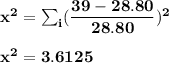 \mathbf{x^2 = \sum_i ( \dfrac{39-28.80}{28.80})^2} \\ \\  \mathbf{x^2 =3.6125}