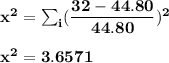 \mathbf{x^2 = \sum_i ( \dfrac{32-44.80}{44.80})^2} \\ \\  \mathbf{x^2 =3.6571}