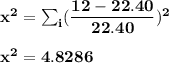 \mathbf{x^2 = \sum_i ( \dfrac{12-22.40}{22.40})^2} \\ \\  \mathbf{x^2 =4.8286}