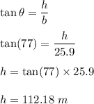 \tan\theta=\dfrac{h}{b}\\\\\tan(77)=\dfrac{h}{25.9}\\\\h=\tan(77)\times 25.9\\\\h=112.18\ m