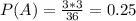 P(A) = \frac{3*3}{36}=0.25