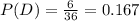 P(D) = \frac{6}{36}=0.167