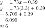 y = 1.73 x + 0.39\\y = 1.73 (3.3) + 0.39\\=5.709+0.39\\=6.099\\\approx 6
