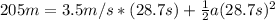 205m = 3.5m/s *(28.7s) +\frac{1}{2}a (28.7s)^2