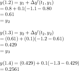 y(1.2)=y_1+\Delta y'(t_1,y_1)\\=0.8+0.1(-1.1-0.80\\=0.61\\=y_2\\\\y(1.3)=y_2+\Delta y'(t_2,y_2)\\=(0.61)+(0.1)(-1.2-0.61)\\=0.429\\=y_3\\\\y(1.4)=(0.429)+0.1(-1.3-0.429)\\=0.2561