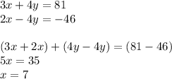 3x + 4y = 81\\2x - 4y = -46\\\\(3x + 2x) + (4y - 4y) = (81 - 46)\\5x = 35\\x = 7\\\\