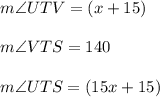 m \angle UTV = (x + 15) \degree \\ \\ m \angle VTS = 140 \degree \\ \\ m \angle UTS = (15x + 15)\degree